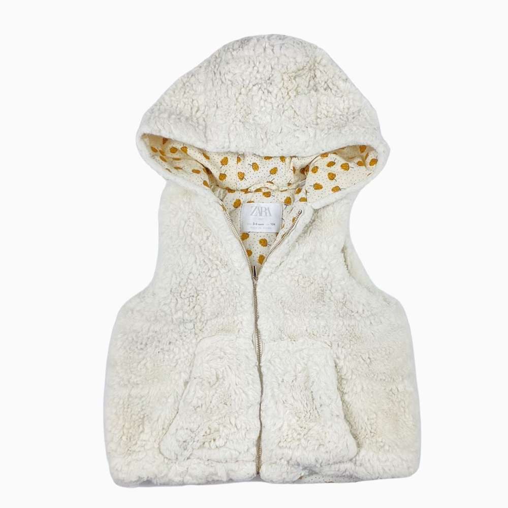Zara Kids Fur Sherpa Hooded Vest. Off white. Sz 3 -4